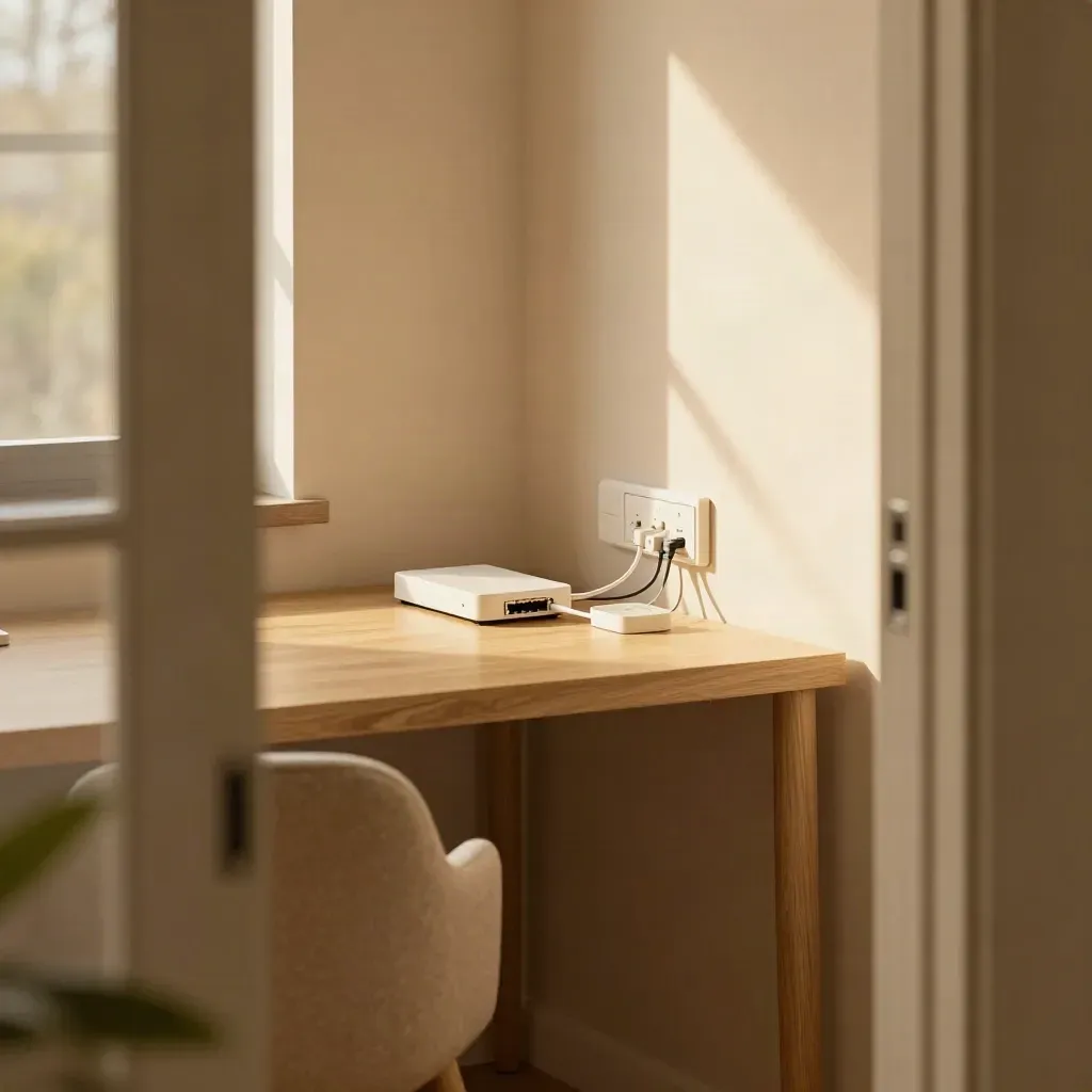 Wired home office corner with hidden ethernet, tidy cabling, and a calm ready desk.