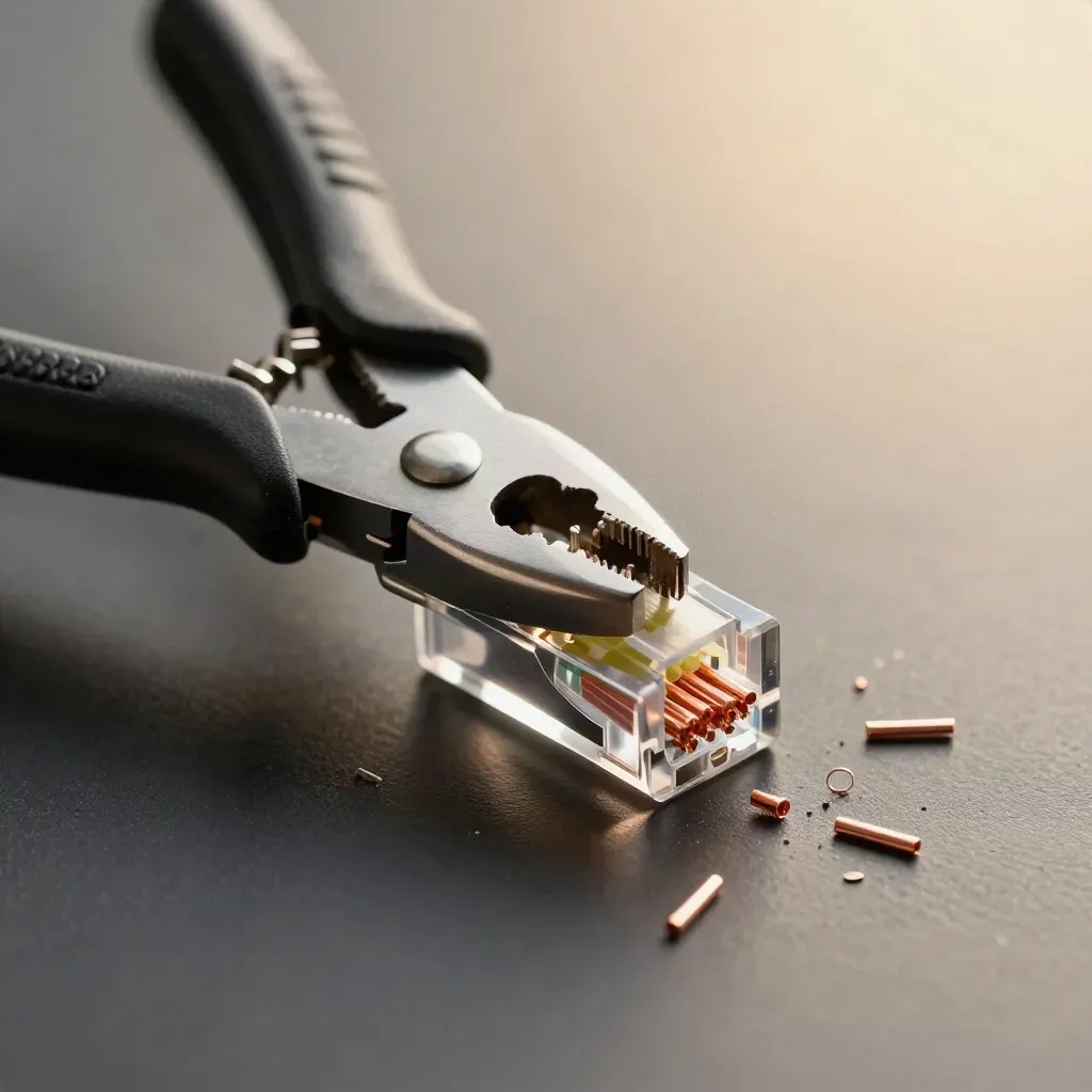 Punch-down tool, flush cutters, and RJ45 connector on a dark bench with copper offcuts.