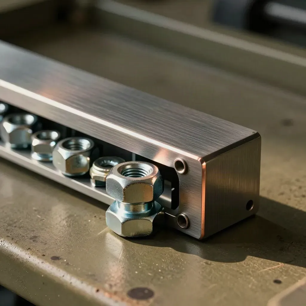 Rack hardware stacked beside a brushed metal panel edge in dramatic side light.