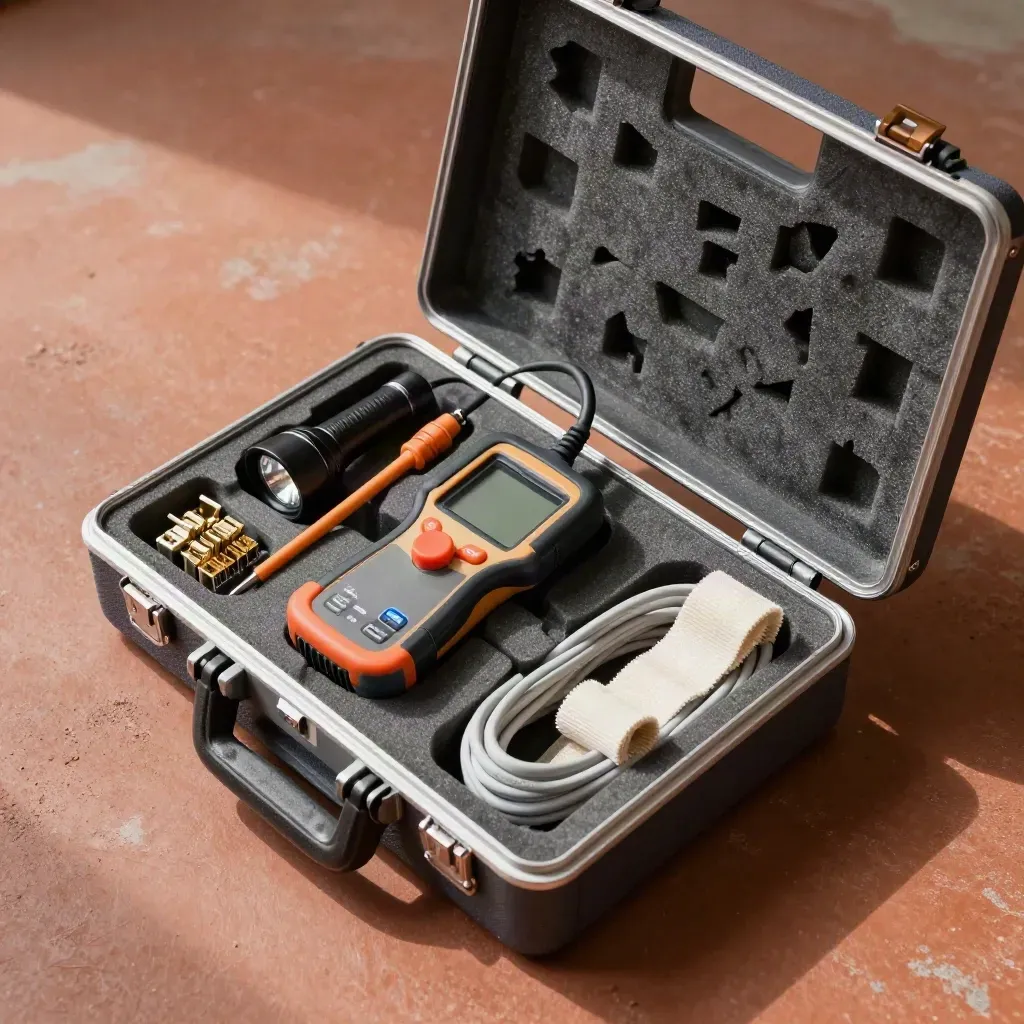 Open field service kit with cable tester, toner probe, flashlight and keystone ends on terracotta surface.