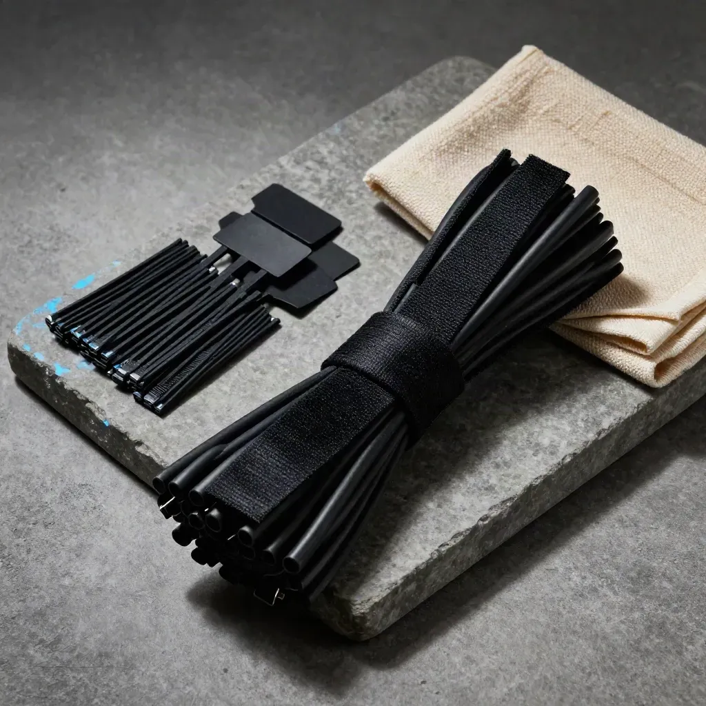 Velcro-wrapped cable bundle, blank cable flags, and black ties on a stone tray