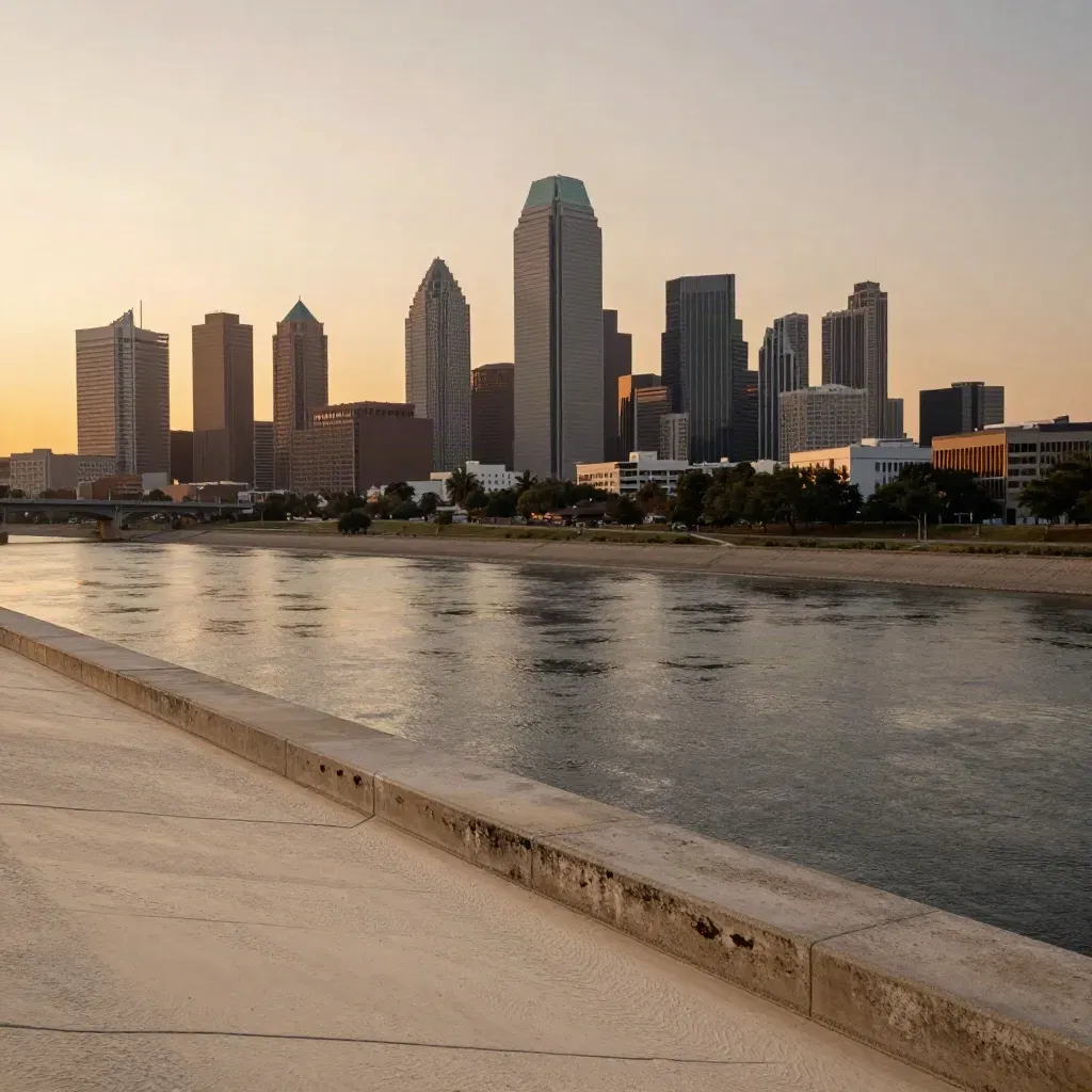 Dallas skyline above the Trinity corridor in warm haze, with calm river plain below