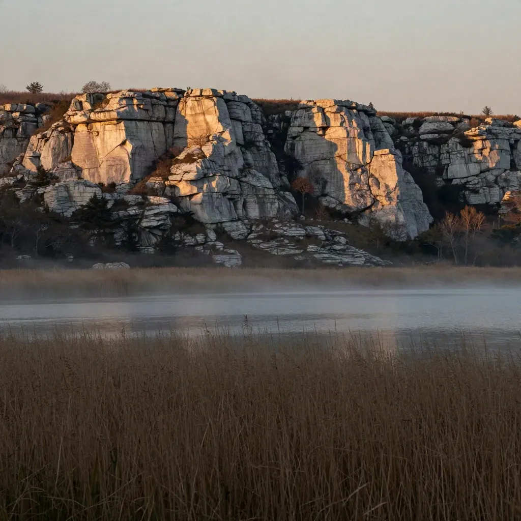 Limestone ridge over a hazy lake at dusk with open calm foreground