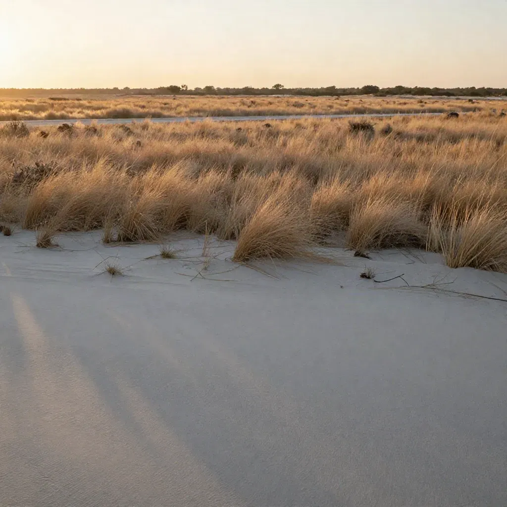 North Texas prairie horizon with tawny grass, a pale road line, and warm haze