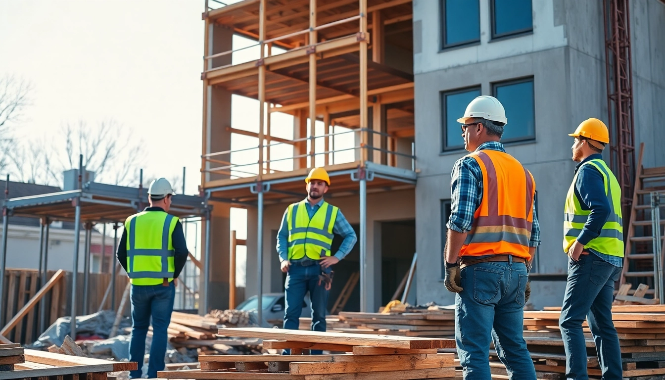 New Jersey General Contractor supervising a construction project with active workers and a renovated building.