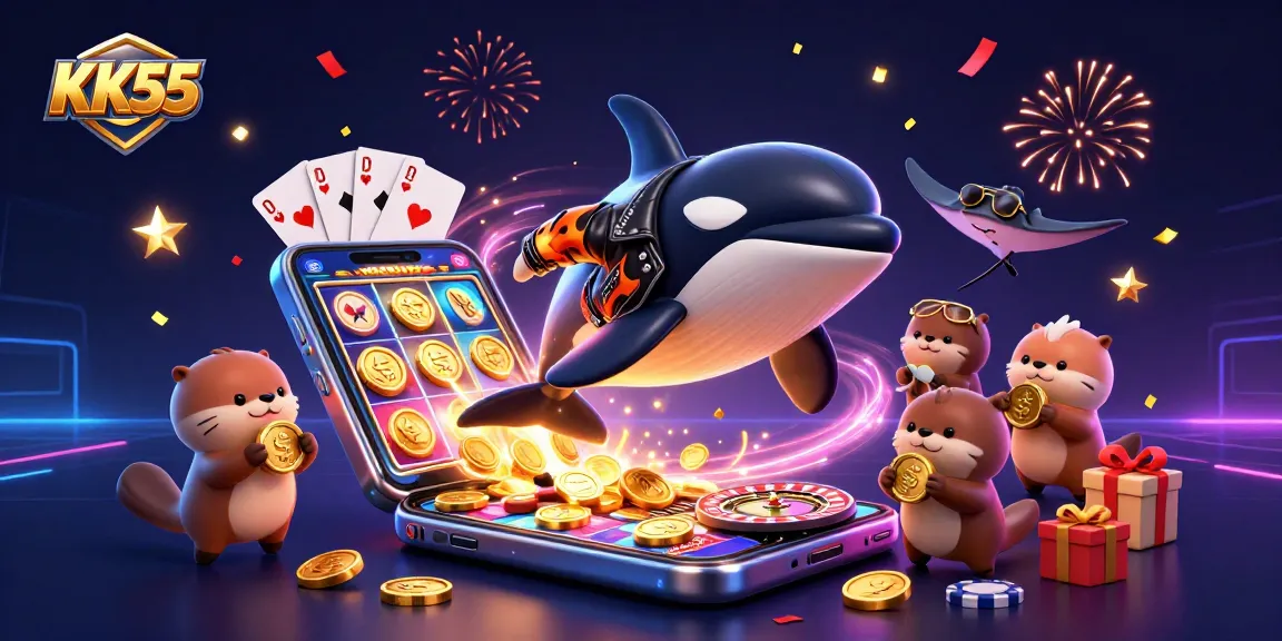 Experience the excitement of KK55 with golden coins and vibrant casino elements