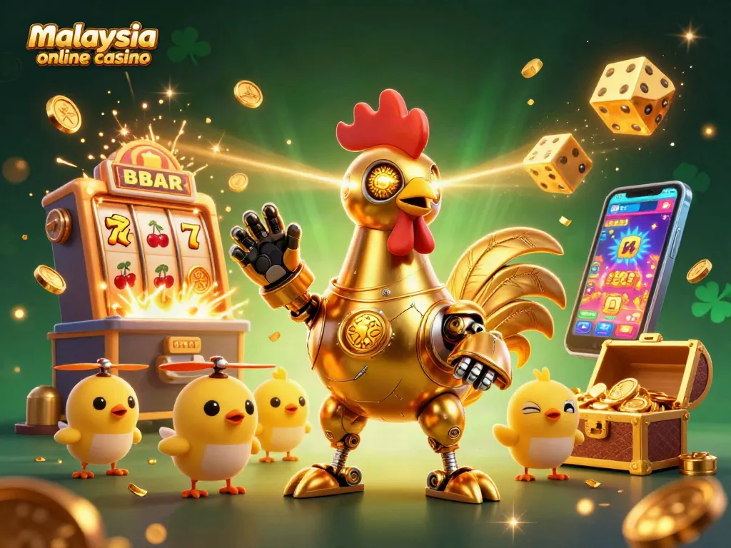 Experience the excitement of malaysia online casino with a vibrant 3D illustration featuring a golden rooster robot amidst dynamic gaming elements.