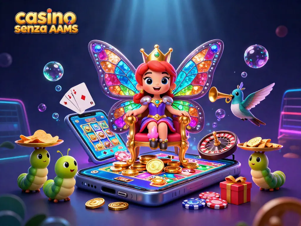 Gioca nei casinò senza AAMS e scopri l'emozione dei giochi online in un'illustrazione vibrante e colorata.