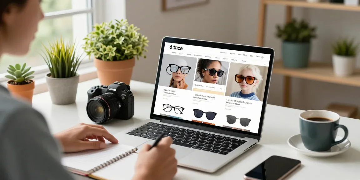Explore ótica online eyewear shopping with a stylish person browsing glasses on a laptop, surrounded by trendy decor.