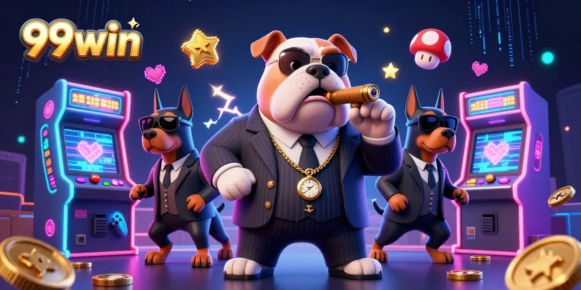 Experience the thrill of 99win with an engaging mafia casino scene featuring vibrant arcade elements.