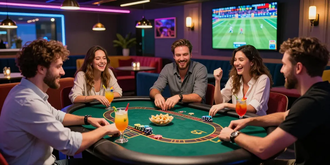 Friends enjoying a lively gaming night with rokok88 super games at a stylish lounge