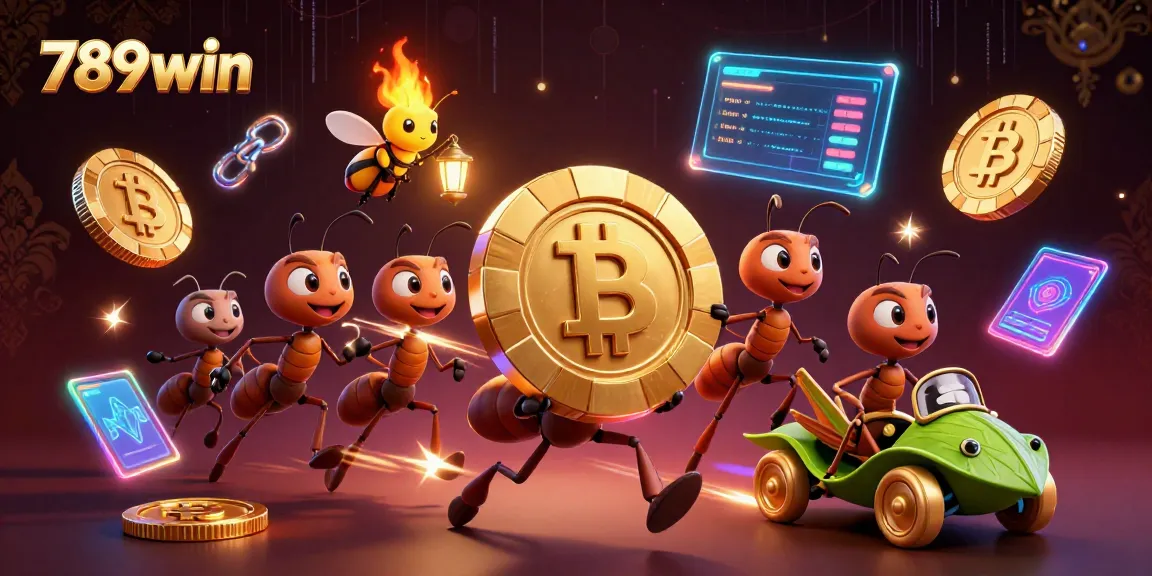 Experience the thrill of 789win as cartoon ants conquer their heist with a golden poker chip.