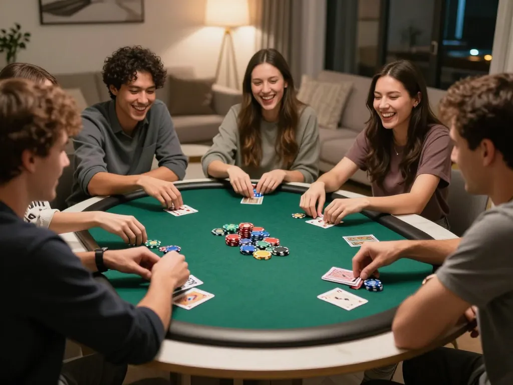 Friends enjoying a thrilling poker game at home, showcasing the vibrant atmosphere of gambling with xoilac strategy