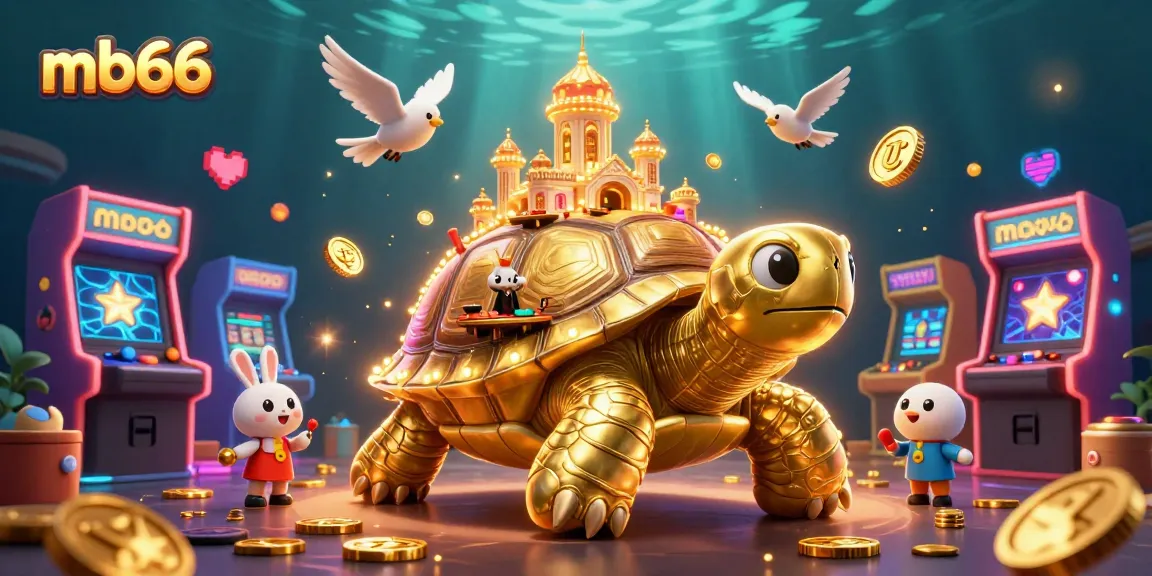 Join thrilling games at mb66 with vibrant 3D casino elements, golden tortoise, and engaging dealer.