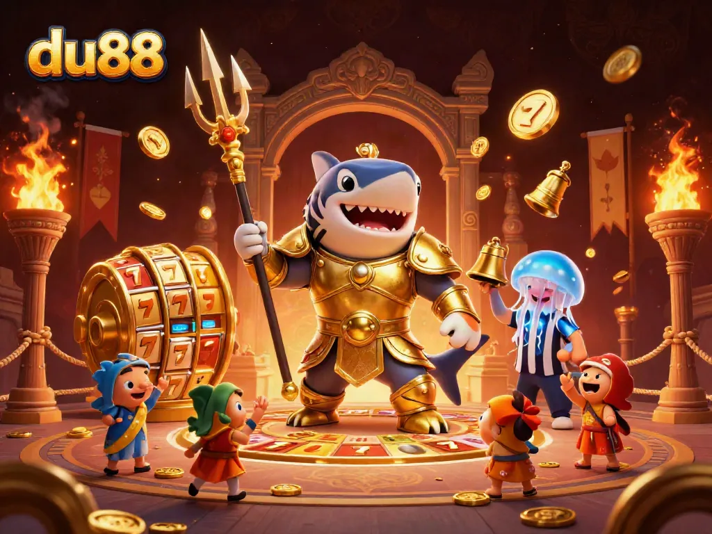 Experience thrilling gameplay with du88, featuring a vibrant underwater colosseum and a golden shark gladiator.