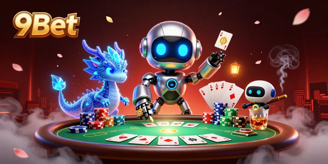 Engage in thrilling poker action with 9Bet's vibrant scene featuring a robot mascot and AI dragon.