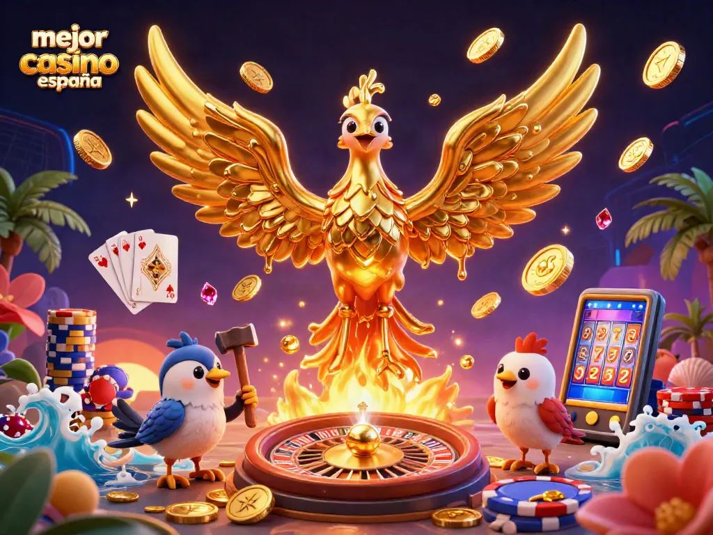 Disfruta del mejor casino online España con una ilustración vibrante de un fénix dorado y elementos de juego.
