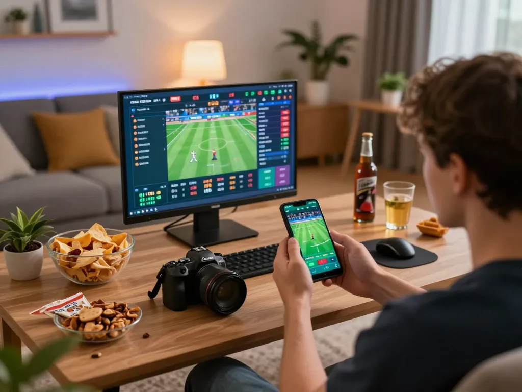 Participating in sports betting on the rik vip mobile app in a cozy living room environment.