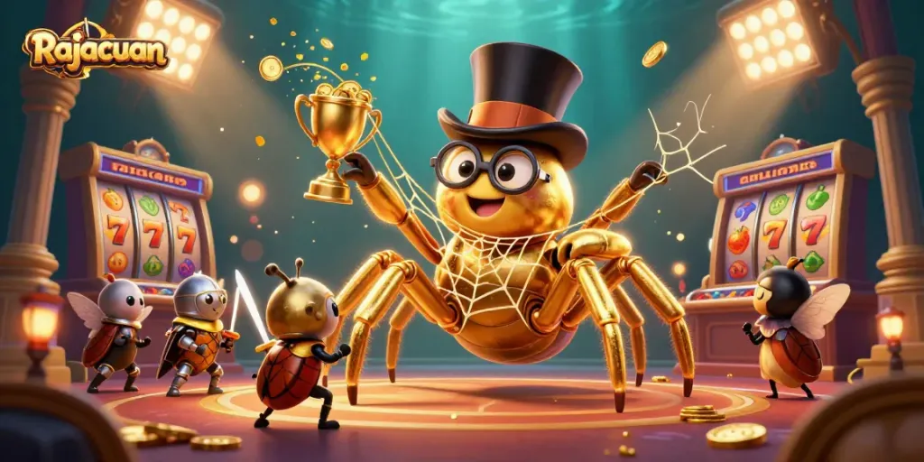 Rajacuan presents an engaging casino scene with a golden tarantula and a beetle knight, showcasing vibrant slot game elements.