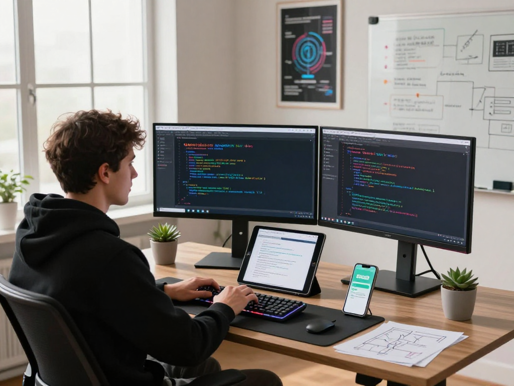 USDT0 blockchain developer workspace showcasing cross-chain coding setup with modern tech.