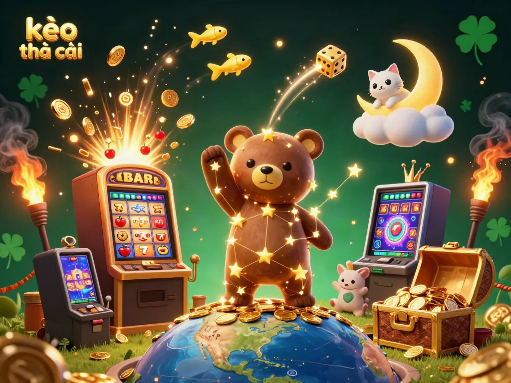 Experience thrilling kèo nhà cái action with a golden constellation bear capturing coins in a vibrant casino scene.