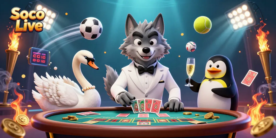 Soco Live offers an engaging sports betting atmosphere with cartoon characters flanked by sports elements.
