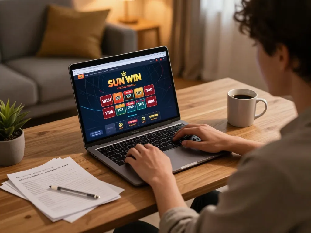 SUN WIN online gaming experience with player engaged using a laptop, showcasing strategic betting environment.