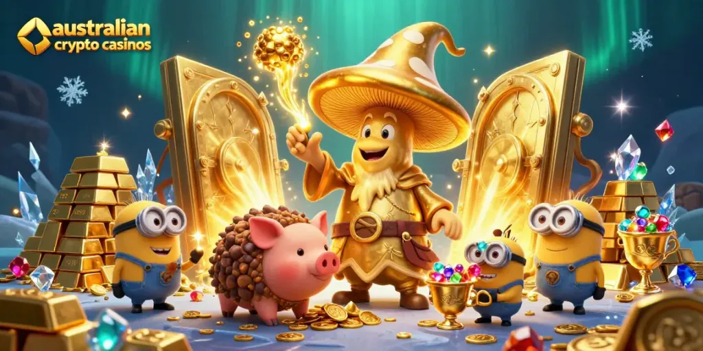 Engage with australian crypto casinos featuring vibrant characters and dynamic treasures in a magical setting.