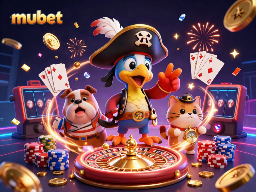 Spin your luck at mubet with vibrant casino elements and cartoon characters in a festive scene.