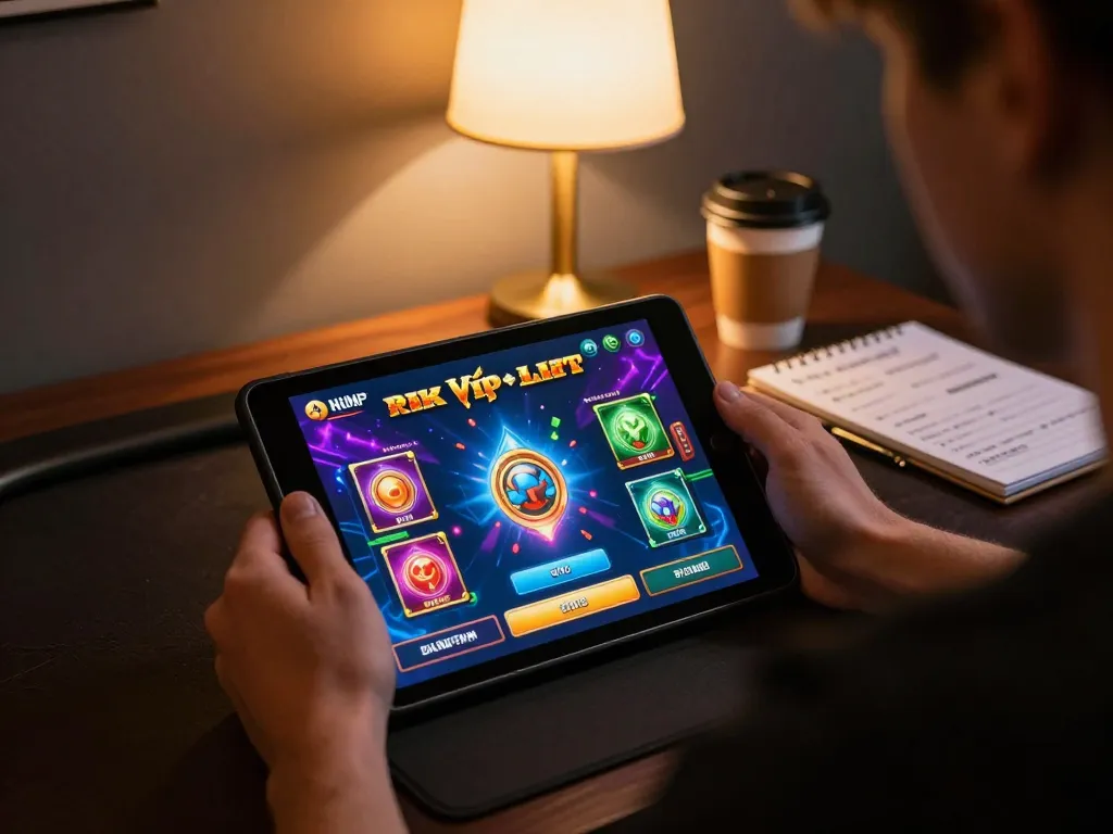 Engaged player strategizing while playing rik vip online casino on a tablet, showcasing vibrant game interface