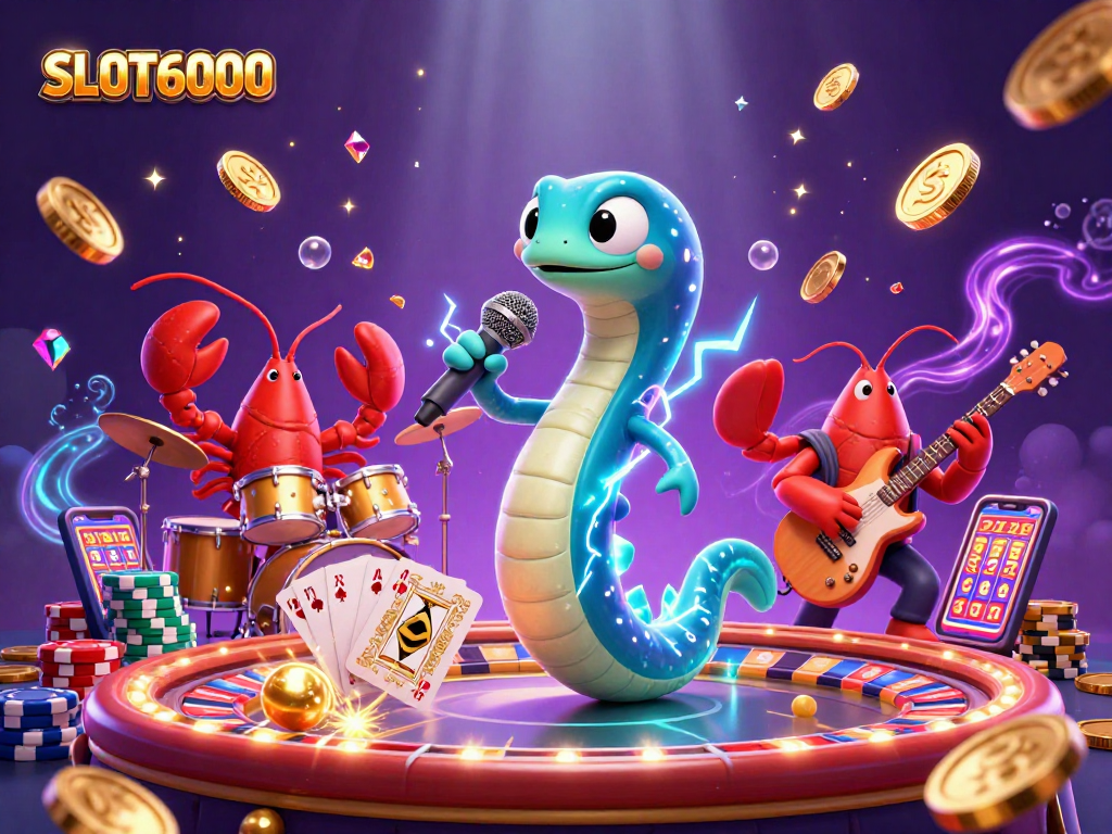 SLOT6000 showcases a vibrant underwater casino scene with an electric eel DJ and engaging gaming elements.