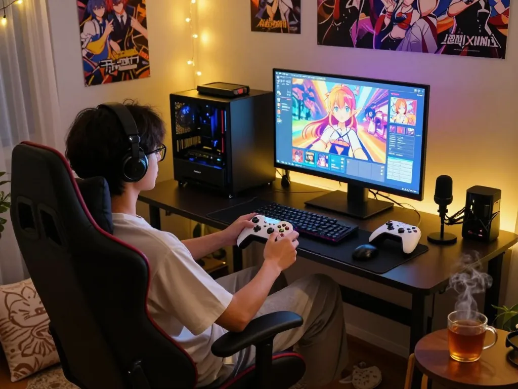 Player enjoying a hentai game in a cozy gaming room with ambient lighting.