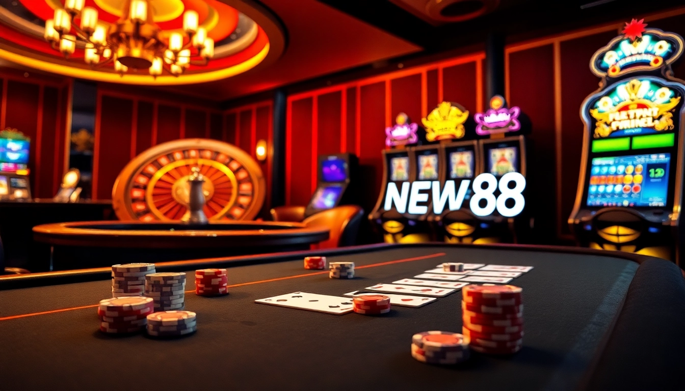Experience the excitement of casino gaming with poker chips and a roulette wheel at https://new88.pet/.