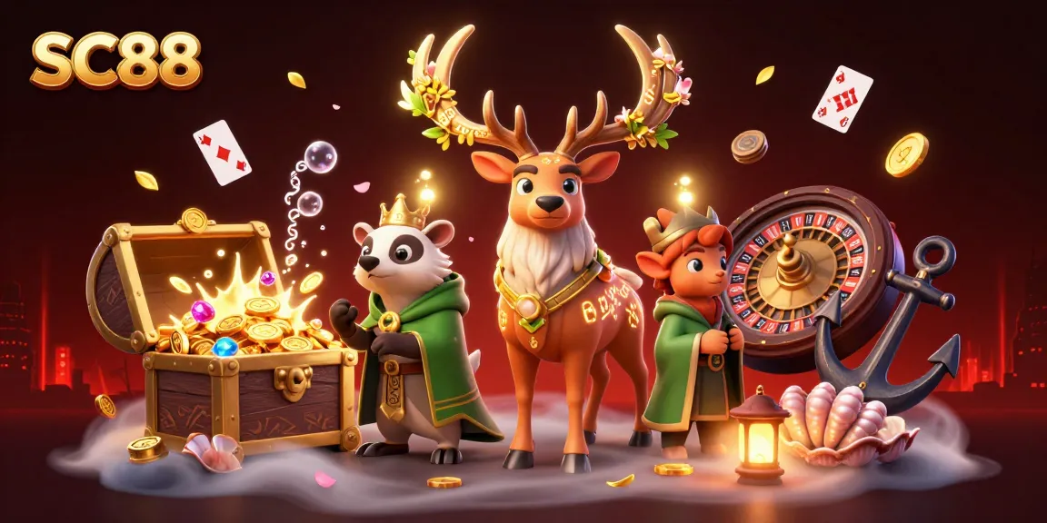 Experience the excitement of SC88 with a lively casino scene featuring unique characters and vibrant elements.