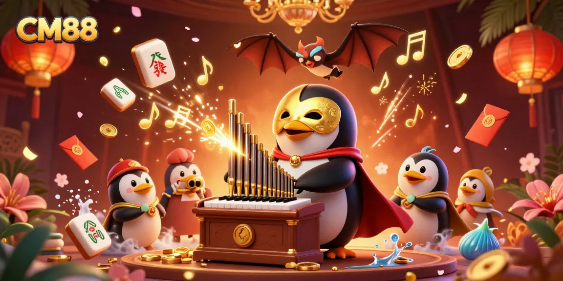 CM88 penguin character plays inspiring music, showering golden coins in a vibrant casino dreamscape.