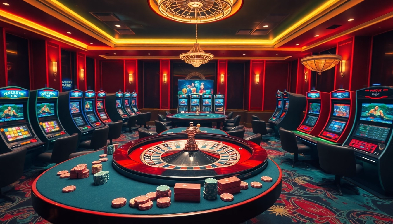 Vibrant casino scene with gaming tables and online gambling interfaces at https://new88.help/.
