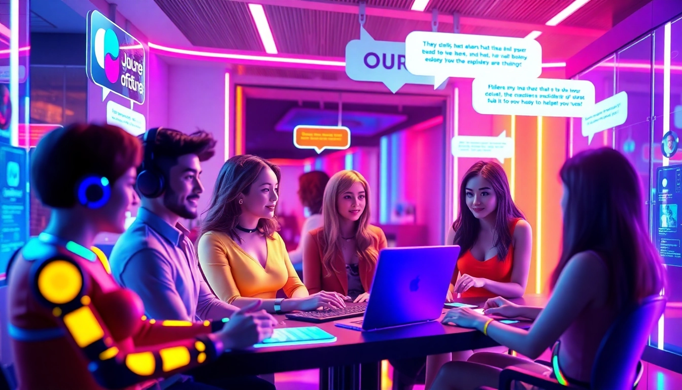 Interactive scene of porn chat AI characters engaging with users in a vibrant digital chat interface.