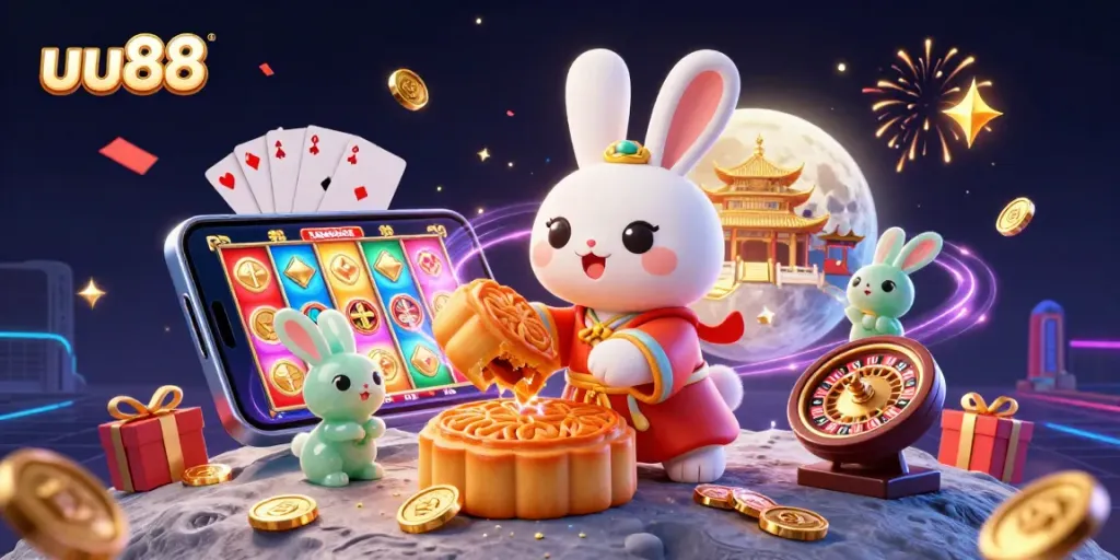 Experience the thrilling action of uu88 online gaming with a vibrant 3D moon rabbit scene, perfect for gamblers.