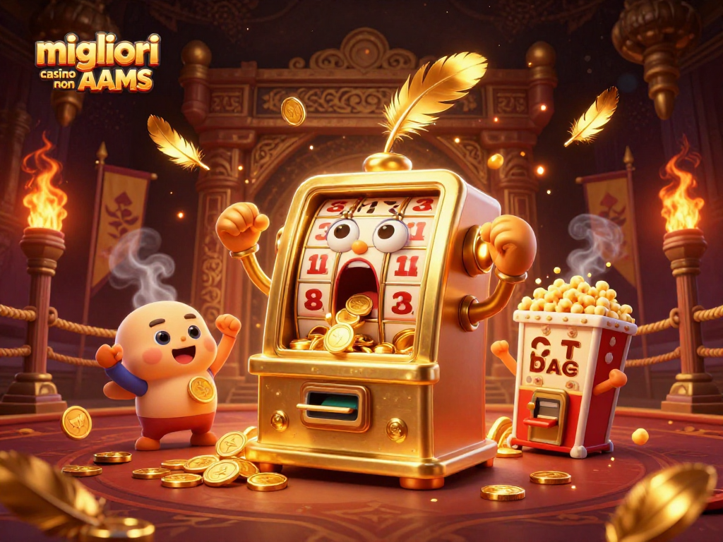 Scopri i migliori casino non AAMS con una vivace slot machine dorata che colpisce il jackpot, circondata da elementi di gioco.