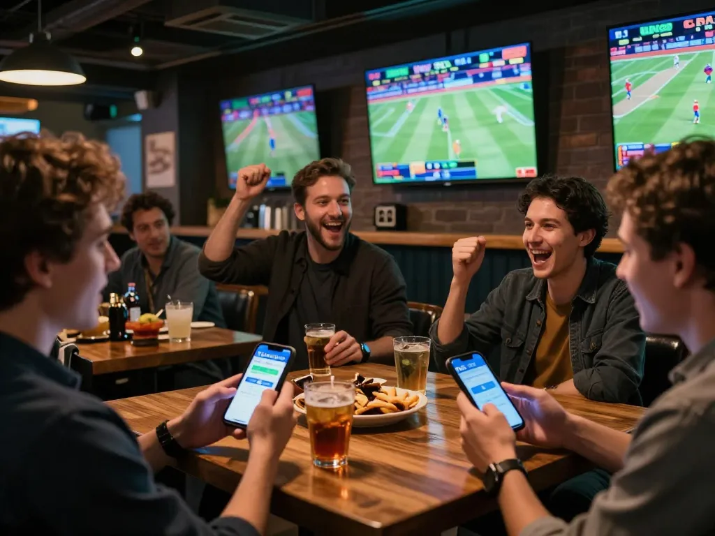 Fans actively using the Net88 app to place sports bets at a lively sports bar.