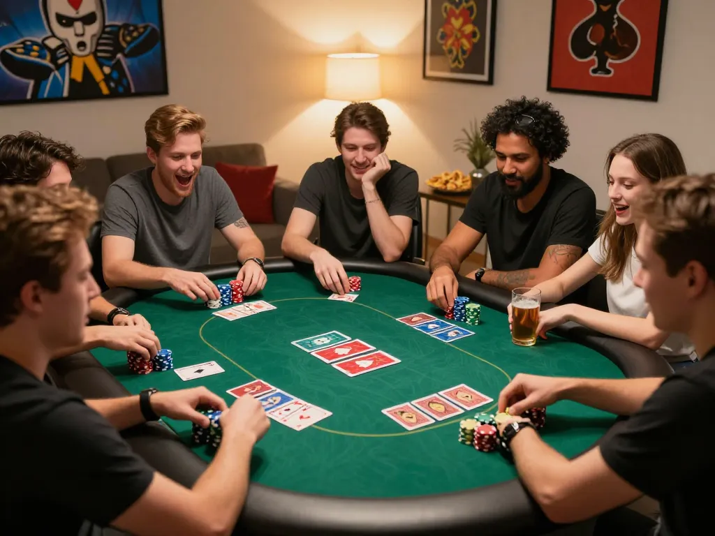 Friends enjoying a poker night at home, showcasing LuckyWin's social gaming atmosphere with excitement and strategy