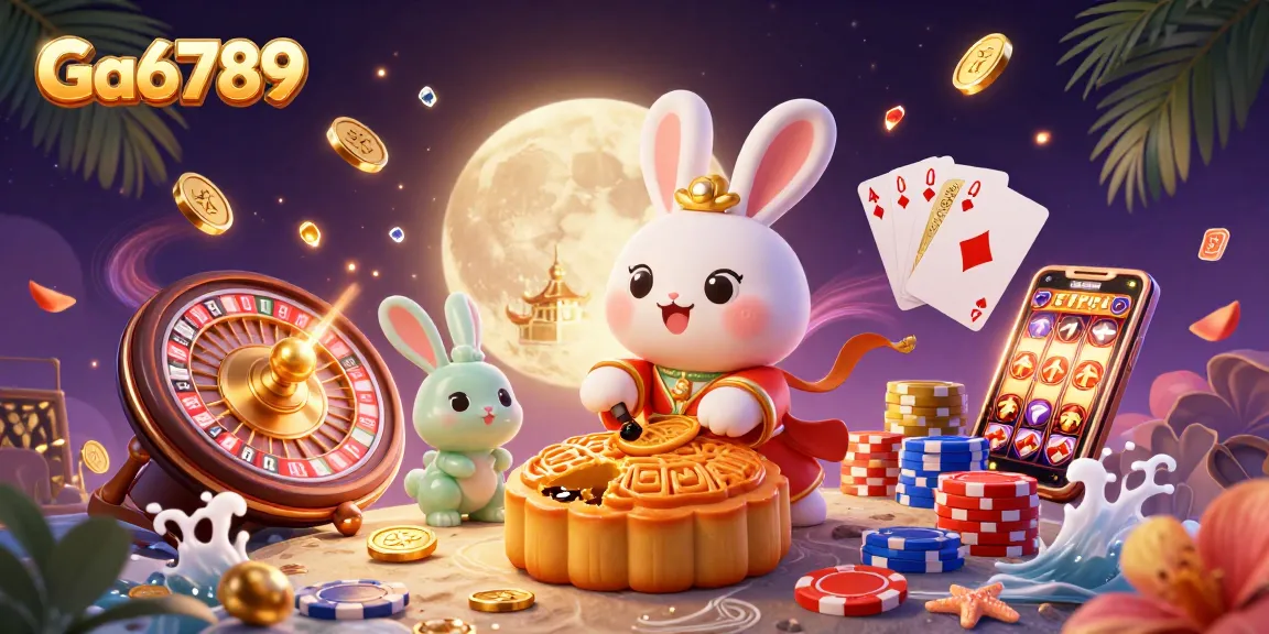 Experience thrilling gameplay with Ga6789, featuring a moon rabbit, poker chips, and festive casino elements.