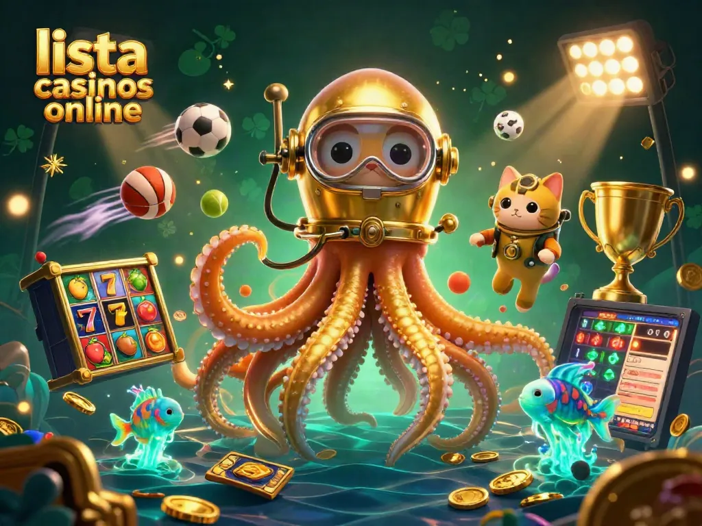Disfruta de la lista de casinos en línea con una ilustración 3D de un kraken dorado y un gato buceador.