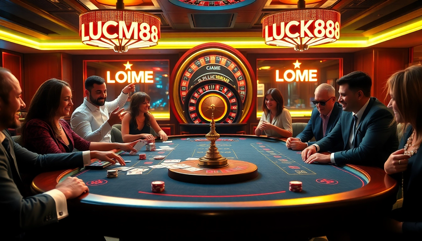 Engaging players enjoying Game LUCK8 at a luxurious casino table with cards and chips.