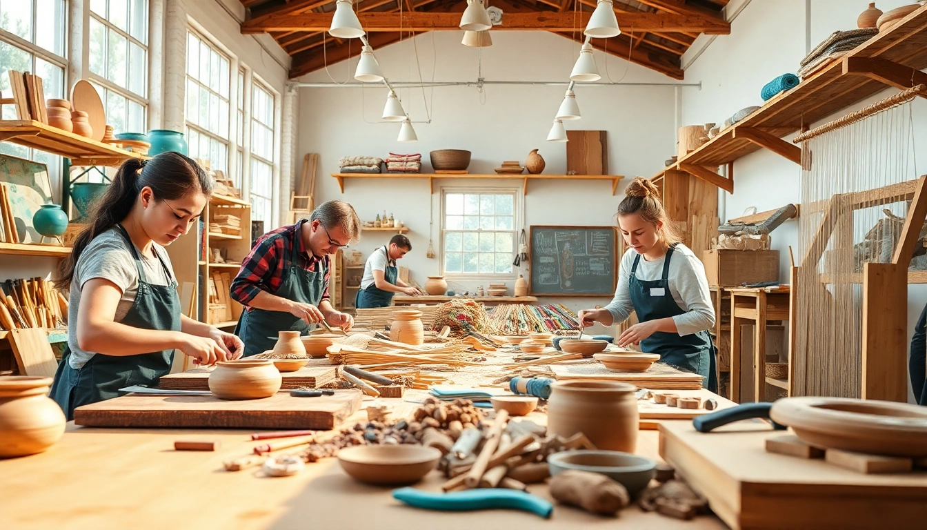 Hands-on craft training programs with artisans actively creating artworks in a vibrant studio.