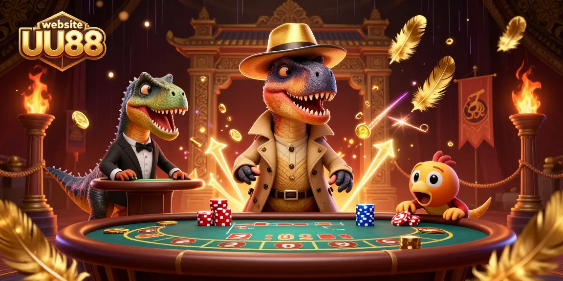 Experience the excitement as the website UU88 showcases a vibrant gambling scene featuring intriguing dinosaur characters.