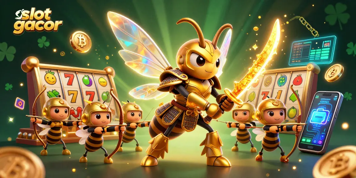 Catch exciting action with slot gacor in this vibrant illustration of a golden hornet character and allies.