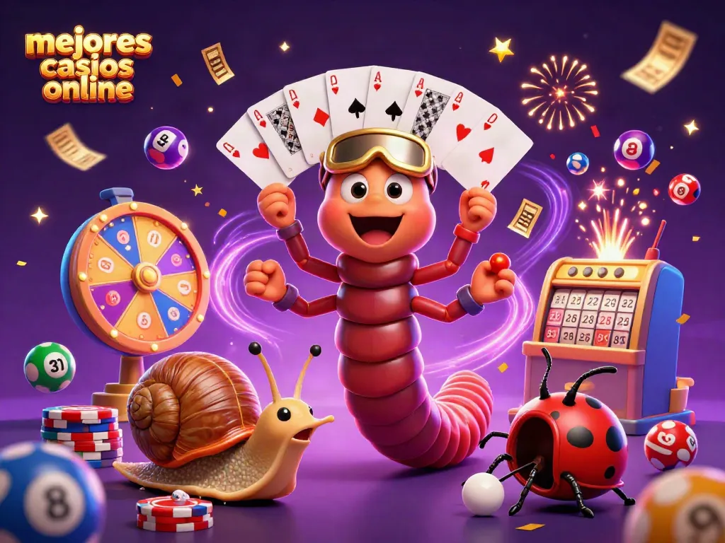 Disfruta de los mejores casinos online con una imagen vibrante y divertida de tragamonedas, emocionantes juegos y premios en acción.