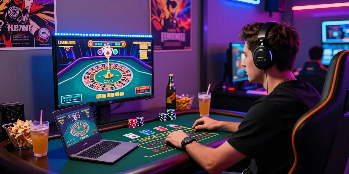 Gamer enjoying live dealer casino game on laptop in vibrant hm88 online gaming setup.