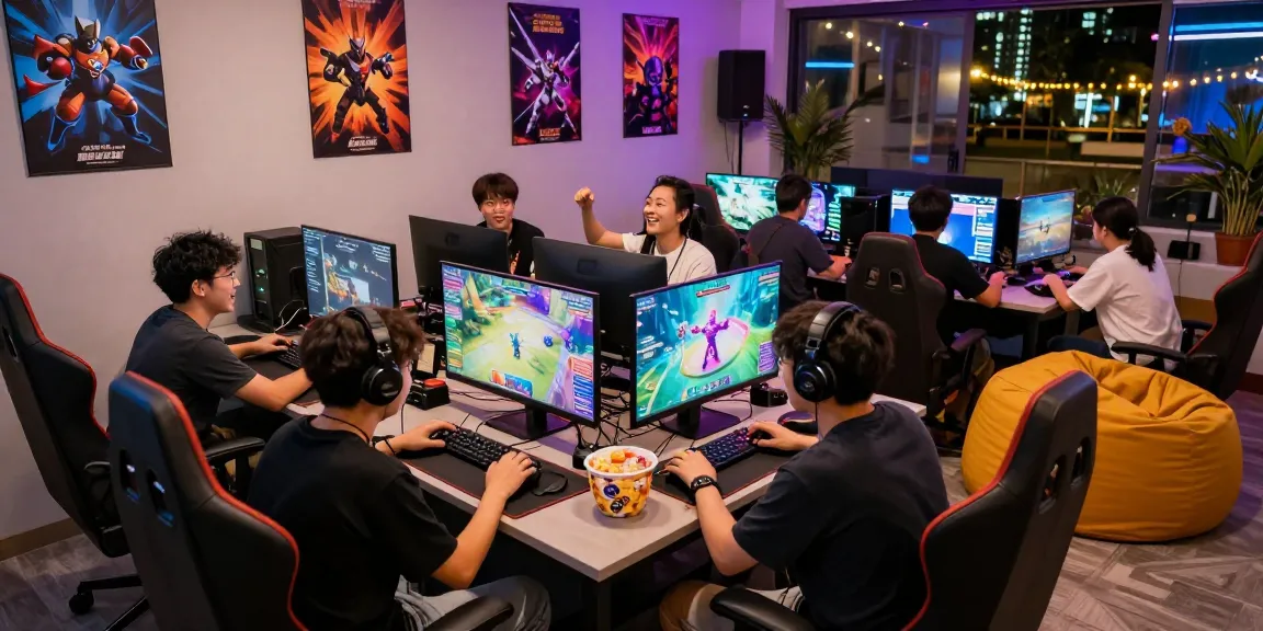 Community gaming event showcasing diverse gamers engaging with consoles and vibrant decor at Rokok 88.